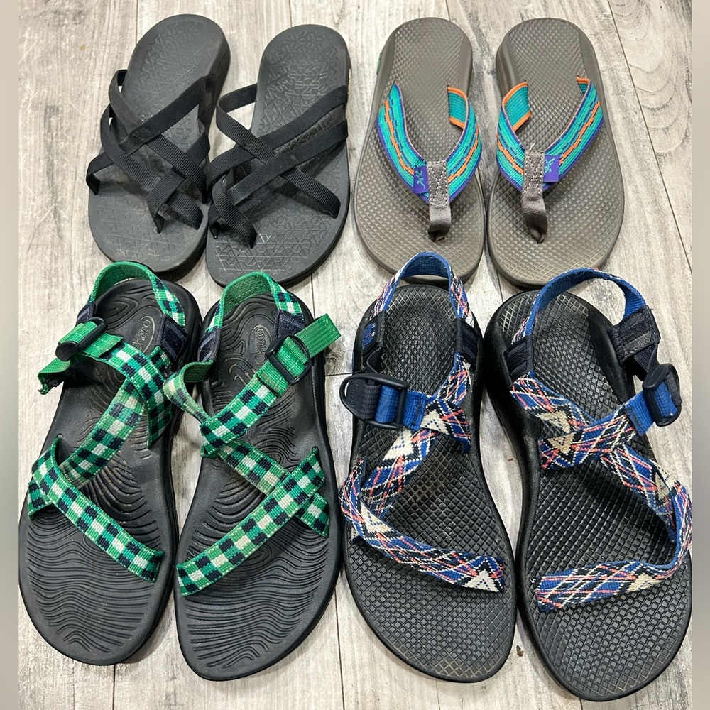4 Pairs of Size 7 Women’s Chacos Sandals and Flip Flops Festival Plaid